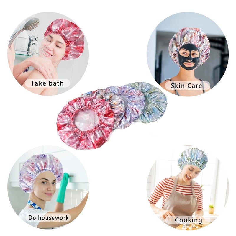 CHFONG 4 PCS Shower Caps for Women, Printing Bath Caps, Double Layers Shower Cap Reusable Waterproof, Bathing Shower Caps, Environmental Protection Hair Bath Hat - Flower - Image 3